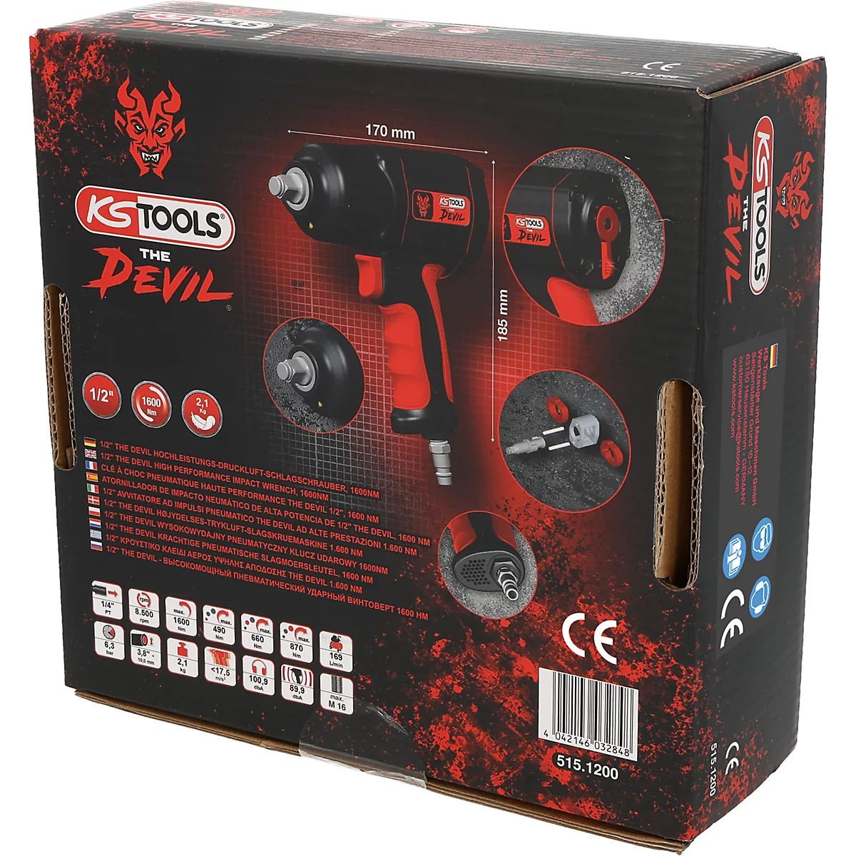 Schwarzer und roter Schlagschrauber in einer Kartonverpackung. Mehrere Produktansichten und Textinformationen auf dem Karton.